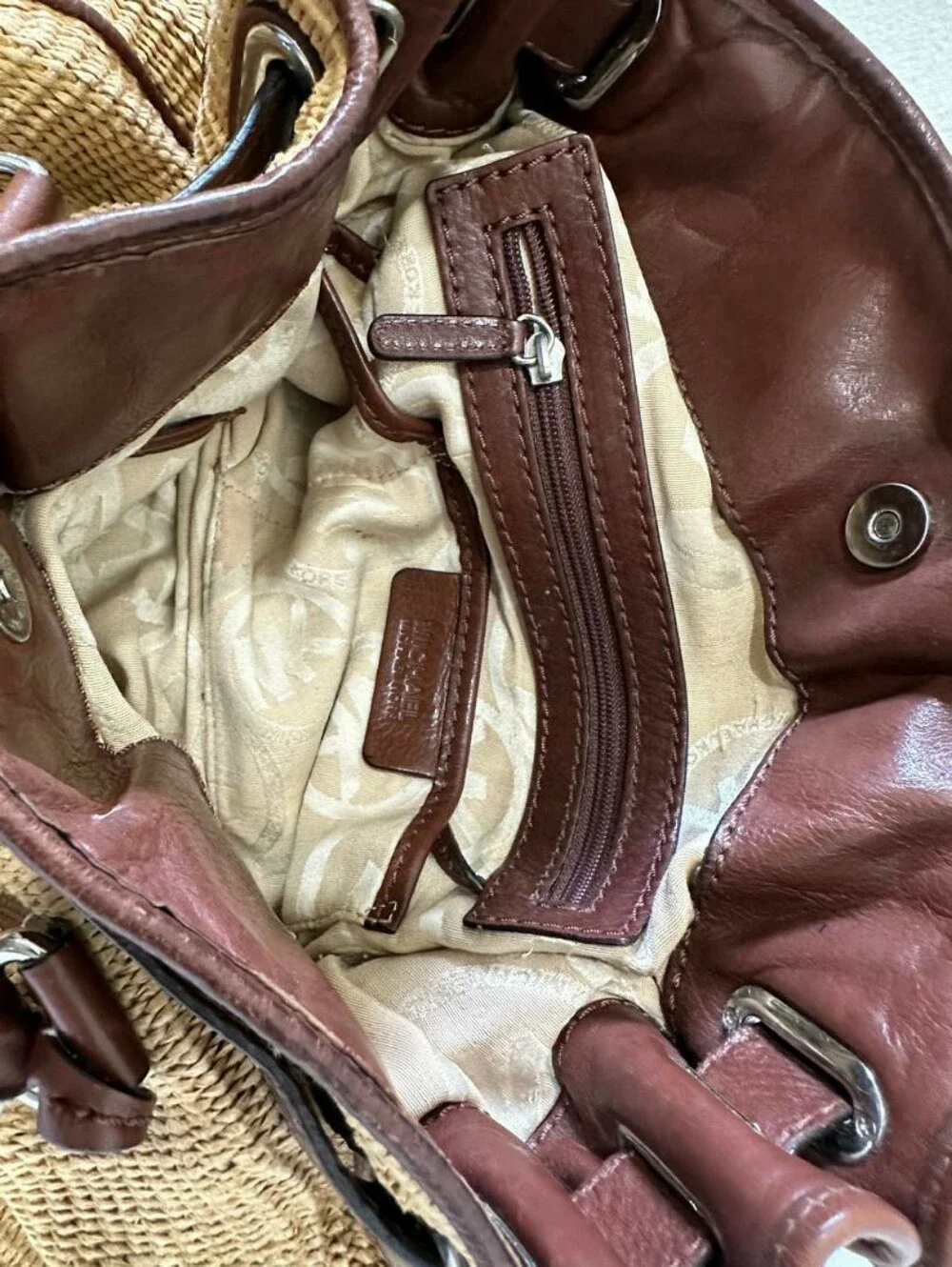 Michael Kors Hamilton Large Woven Straw Body and Brown Leather Trim Tote Bag